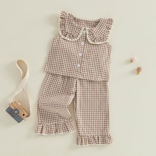 LIOMENGZI Toddler Baby Girl Clothes Summer Baby Outffit Doll Collar Plaid Button Up Plaid Vest Tops Pants 12 18 24 Month 3T 4T (Khaki, 3-4T) by LIOMENGZI - Image 4