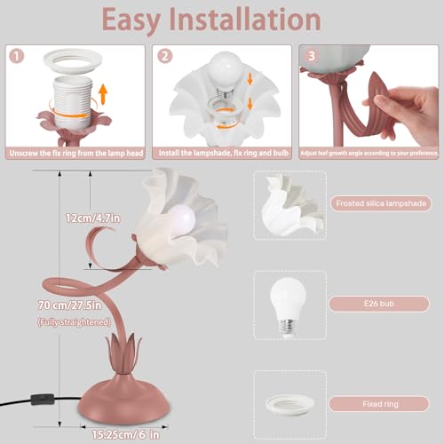 Women Bedside Table Lamps for Bedroom, Cute Flower Desk Lamp with Adjustable Flexible Gooseneck, 3 Color Temperatures Nightstand Lamp with E26 LED Bulbs, Floral Lamp for Living Room, Office,Reading — view 6