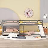 MERITLINE Quad Bunk Beds,Wood L-Shaped Bunk Beds with Slide and Ladder, 4 in1 Full and Twin Size Bunk Bed for Kids, Teens, Adults,Grey