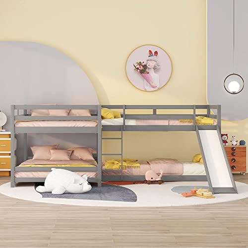 MERITLINE Quad Bunk Bed with Slide, Ladder, Grey