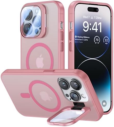 VOFATA for iPhone 13 Pro Case with Camera Cover Stand [Built-in 9H Camera Lens Protector][Fit for Magsafe] Military Grade Shockproof Translucent Matte Magnetic Phone Case 6.1" Pink