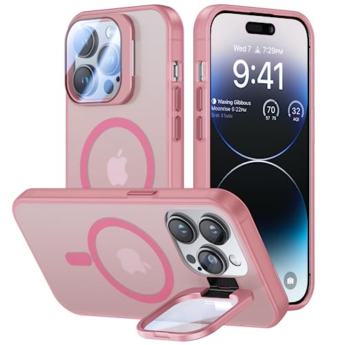 for iPhone 13 Pro Case with Camera Cover Stand [Built-in 9H Camera Lens Protector][Fit for Magsafe] Military Grade Shockproof Translucent Matte Magnetic Phone Case 6.1" Pink