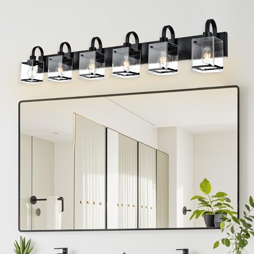 Image of 6 Light Bathroom Vanity Lights Fixtures, Black Bathroom Wall Lights Modern Bath Wall Mounted Lights with Clear Glass Shade Wall Light for Mirror Bed Hallway (E26 Base)