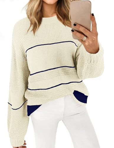 BreathSunny Womens Oversized Striped Cute Crewneck Sweater Winter 2025 Cropped Lightweight Outfits Color Block Pullover Casual Patchwork Long Sleeve Sweaters Apricot M