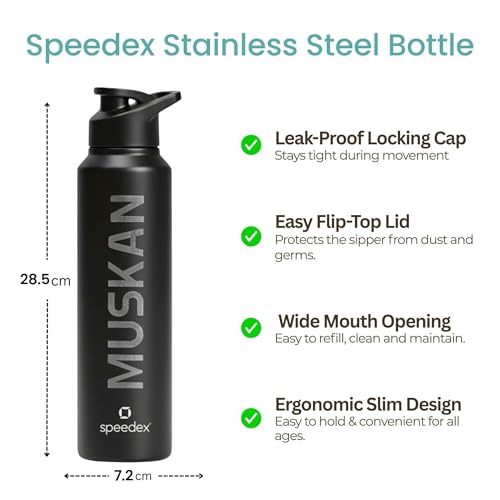 Image of Speedex Engraved Name Stainless Steel Sipper Water Bottle 1 Ltr - Customised Personalised Bottle for Kids & Adults, School, Gym, Sports, Black, Set of 1 (Black, Set Of 1)