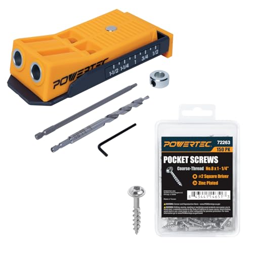 Image of POWERTEC 72496 Twin Pocket Hole Jig Kit for Woodworking - with Drill Bit, Driver Bit, Hex Key, Stop Collar & 150 PK Pocket Hole Screws, Maxi-Loc Head, #2 Square Drive, 1-1 /4 inch Coarse Thread