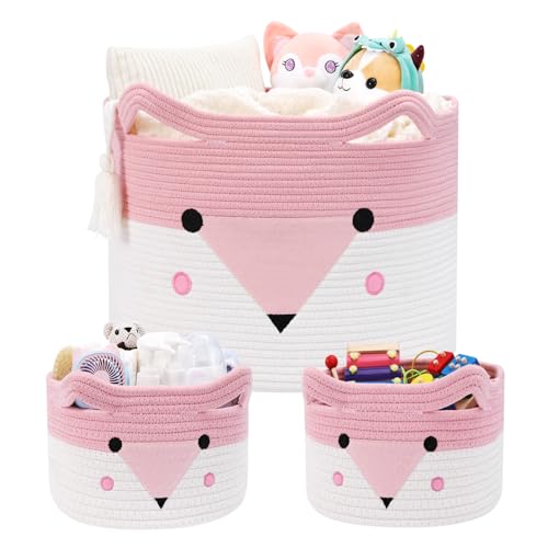 Image of AXHOP Large Baby Basket Toy Storage 3 Pack, (20"x13.8") Woven Baby Laundry Basket, Stuffed Animal Storage.