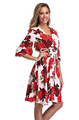 Image of VintageClothing Women's Floral Sundresses Flowy Boho Summer Beach Dress | Lightweight Breathable material,Elegant V Neck and Button Front Design,Flared Bell Sleeve Cut,Mini Casual dress