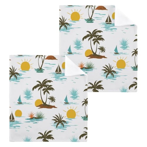 YANENDIE Topical Plants Sailboat Washcloths Towels, Highly Absorbent and Soft Cotton Face Cloths, 2 Pack Quick Dry Wash Cloths - 12 X 12 Inches