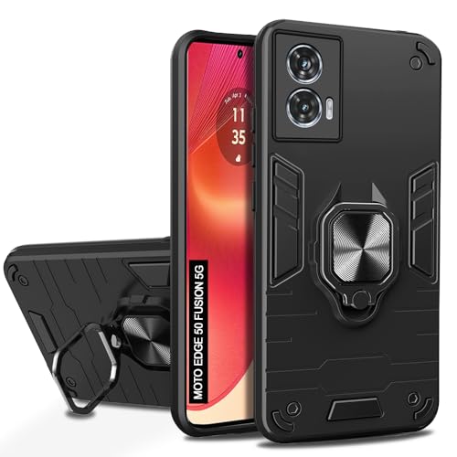 Image of AESTMO Moto Edge 50 Fusion Back Case Cover | Tough Armor Bumper | Ring Holder & Kickstand in-Built | 360 Degree Protection Cover for Moto Edge 50 Fusion (Black)
