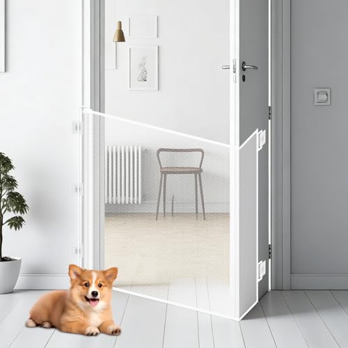 Cancelletto per Cani Estensibile. Barriera Universale Per Piccoli Animali (Gatti/Cani). Adatta A Cucina, Scale, Balcone, Camera Da Letto. Montaggio Semplice Senza Fori. (Bianco, 150CM * 78CM)