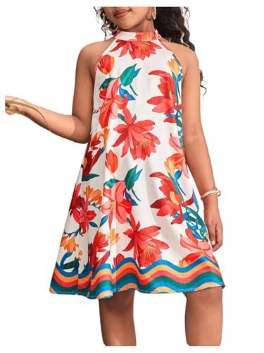 Girl's Print Floral Halter Dress Summer Sleeveless Boho Flowy Beach Vacation Dresses