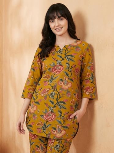Image of Bee M Pee Designer Trendy Floral Printed Cotton Kurta Coord Sets for Women | Stylish Casual Tunic Kurti Set with Pant for Woman for Office