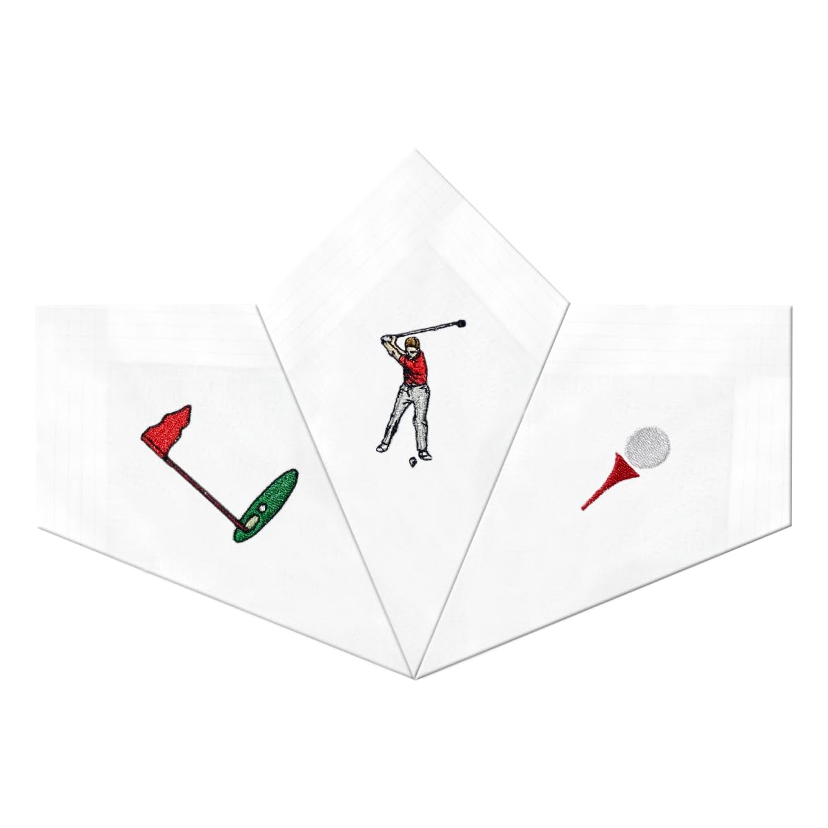 Warwick & Vance Men's 100% Cotton Handkerchiefs Pack Of 3, Golf Embroidery Hankies With Satin Stripe Borders, 40 x 40cm
