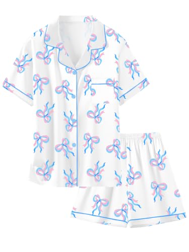 Image of Schbbbta Girls Womens Pajamas, Satin Silky Pjs Set Kids 2Pcs Button-Down Nightwear Sleepwear Gift for Mommy and me