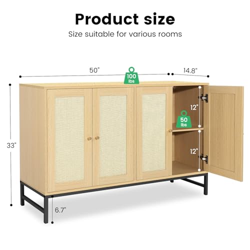 QuicMiou Sideboard Buffet Cabinet, Kitchen Storage Cabinet with 4 Rattan Decoration Doors, Metal Feet Accent Console Table for Kitchen, Living Room, Hallway (Natural)
