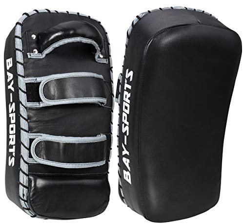 BAY Sports Leder Thai TECH 2020 Arm-Pratzen, Handpratzen, Armschlagpolster, vorgekrümmt, schwarz, Pratzen, krumm, Kickboxen, Muay Thai, Thaiboxen, MMA, K1, K-1, Handschlagpolster