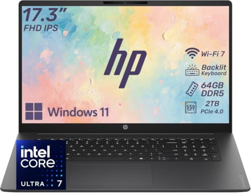 Image of HP OmniBook 3 Business Laptop, 2026 Edition, 17.3 inch FHD IPS Micro-Edge Display, Intel Core Ultra 7, 64GB DDR5 RAM, 2TB PCIe SSD, Backlit Keyboard, Wi-Fi 7, Thin & Lightweight, Windows 11