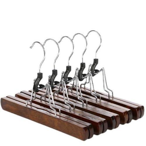 NexPon 天然木製ズボンハンガー 10本組 ブラウン スカート吊りハンガー 跡がつかない 360度回転式防錆加工フック 型崩れ防止 省スペース パンツ ボトムス スラックス 幅25cm、天然の無垢材、上質で耐久性があり、滑りにくい (焦げ茶色)