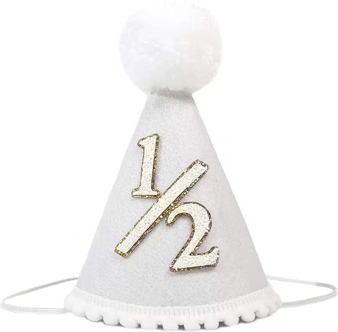 White Half Birthday Hat -Baby 1/2 Birthday Cone Hat,Six Months Party Decorations,Baby Party Supplies