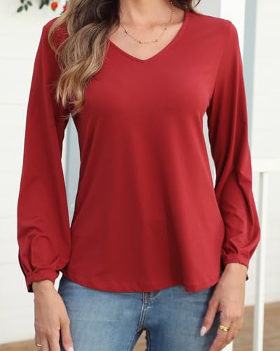 Amzdora Womens Dressy Tops V Neck Floral Long Sleeve Shirts Loose Puff Sleeve Work Blouses Casual Fall Stylish Clothes Red - image 3