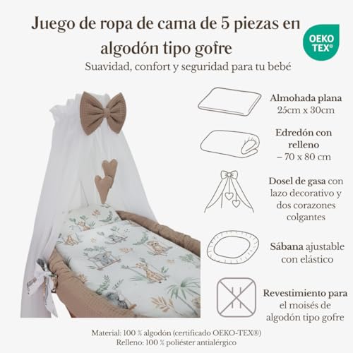 Miniatura 3 de Wiklinopol - Cuna Mecedora De Mimbre Con Dosel Y Soporte Lena Cesta Moses En Blanco, Set Completo Con Edredón De 5 Piezas Safari Beige Con Ruedas, Portátil, Seguro
