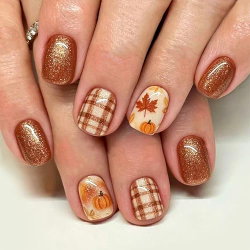 Fall Press on Nails Short Square Brown Gold Fake Nails Press on with Plaid Maple Leaf Pumpkin Design Autumn Glitter Glue on Nails Reusable Acrylic Fall Nails for Women 24Pcs