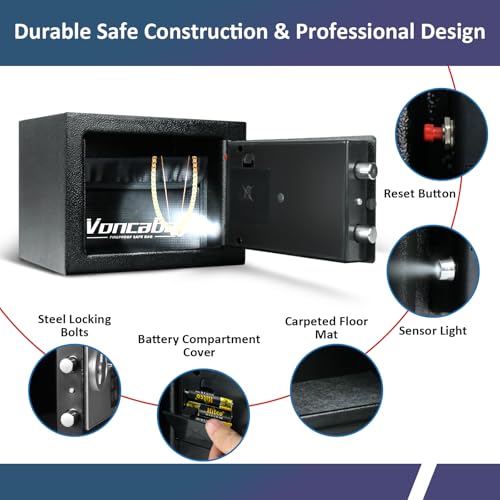 Voncabay Money Safe Box for Home with Sensor Light & Fireproof Money Bag - 0.23 Cubic Feet Security Safe Box with Digital Keypad, Keys & Pass Code Lock Black