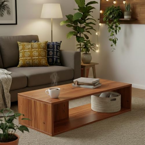 Image of FURLAY Aura Engineered Wood Coffee Table, Minimalist Matte Woodland Coffee Table - 80cm Center Table with Asymmetrical Open Storage & Sleek Geometric Design for Living Room or Office (FWTC5-Woodland)