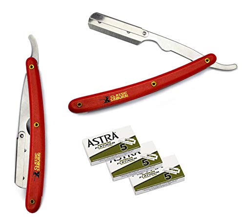 Classic Samurai CS-101 Red Stainless Steel Professional Barber Straight Edge Razor with 15 Astra Double Edge Razor Blades