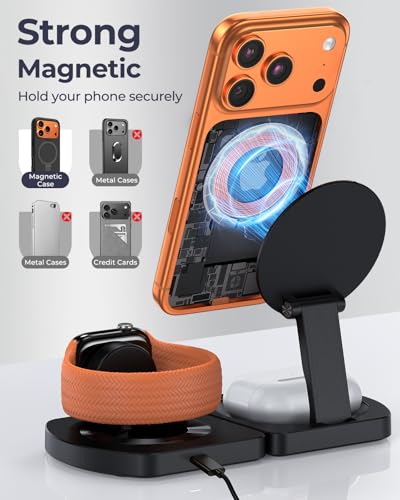 Image of Wireless Charger for iPhone, 3-in-1 Magnetic Charging Station for Apple, MagSafe Charger Stand for iPhone 17 Air 16 15 14 13 12 Series, Airpods Pro, Apple Watch Ultra, Foldable, No Adapter, Black