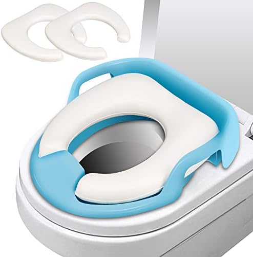 Potty Toilet Training Seat Toddler, Kids Potty Training Seat with 2 Soft Cushions Safety Handles Backrest - Travel Portable Anti-Splash & Anti-Slip Bath Toilet Trainer Seats for Baby Girls Boys White