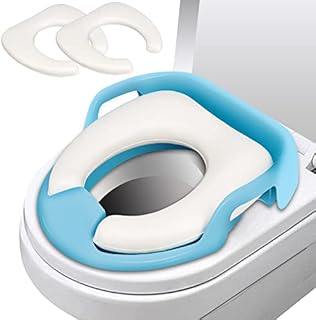 Potty Toilet Training Seat Toddler, Kids Potty Training Seat with 2 Soft Cushions Safety Handles Backrest - Travel Portable Anti-Splash & Anti-Slip Bath Toilet Trainer Seats for Baby Girls Boys White