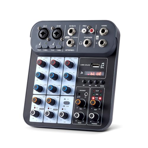 4 Channel DJ Audio Mixer, DJ Mixers Sound Board, Sound Mixer Board XLR 1/4' Interface, BT USB MP3 Computer Input 48V Phantom Power Stereo Karaoke DJ Studio Streaming KTV Stage