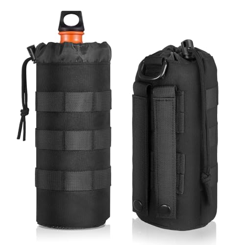 Sunnymove 2 Piece Fuel Bottle Holder Compatible with 30 oz Fuel Bottle, Mounts to Molle Bag Backpack Tactical Molle Travel Water Holder with Drawstring Open Top and Mesh Bottom, Black