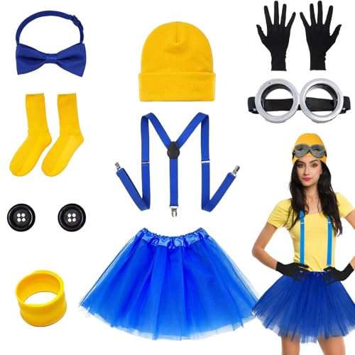 AXERHK 9 STK Halloween Kostüme Halloween Kostüme für Erwachsene Gelbes Kostüm Set Hut Hosenträger Handschuhe Knöpfe Socken Brille Rock und Armband für Halloween Cosplay Zubehör Karneval Kostüm