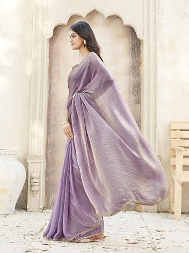 Womanista Women's Ready To Wear Two Tone Purple And Gold Colored Jimmy Choo Saree With Embellished Border(Ti6935_Purple_Onesize)
