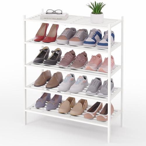 Image of Smiry Bamboo Shoe Rack, 5 Horizontal Slats, 5 Tier - 26.8 inch Wide, White