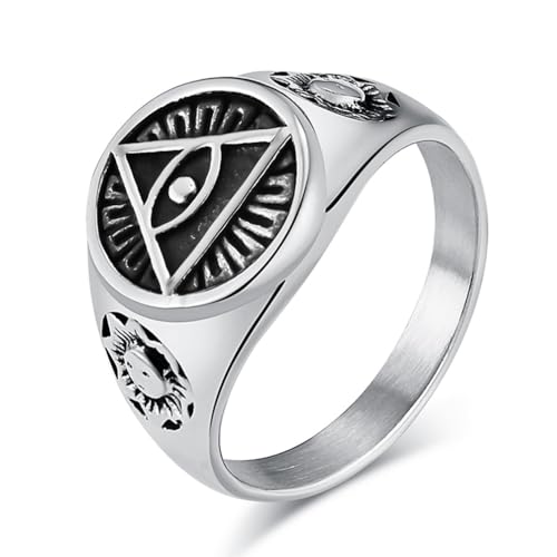 JIPSJICI Stainless Steel All Seeing Eye of God Ring Vintage The Eye of Horus Signet Rings for Men Women Silver Size 7