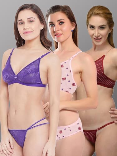 Image of Love Maker Stylish Non Padded Lingerie Set for Women Bra Panty Combo Pack of 3.