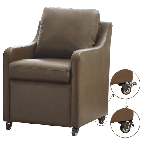 Hicosit Rolling Dining Chair with Wheels, Upholstered Modern Single Armchair with Casters for Kitchen, Faux Leather Coffee