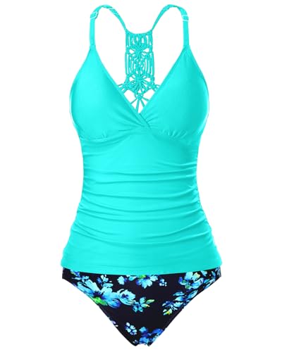 Holipick Tummy Control Two Piece Tankini Set Swimsuits for Women V Neck Tankini Top Bathing Suits with Swim Bottom2