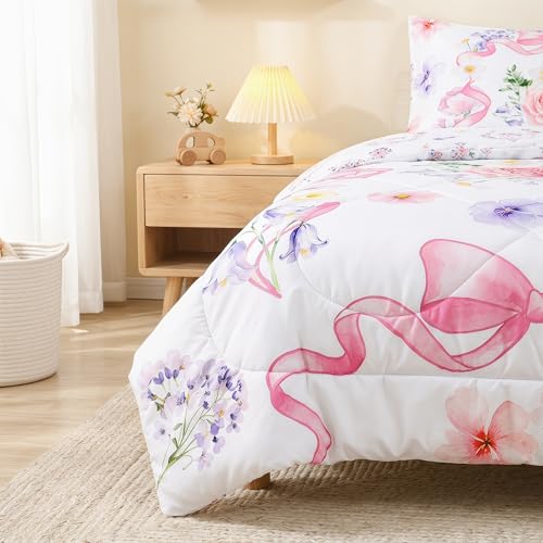 Image of Pea Pod Floral Toddler Bedding Set for Girls, 4 Piece Bed-in-a-Bag Toddler Comforter Sets Cute Bowknot Princess Crib Bed Set | Include Quilt Comforter, Flat Sheet, Fitted Sheet, Pillowcase, Super Soft