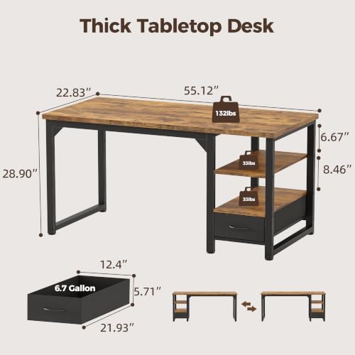 Image of Mericonia 54 in Computer Desk with Drawer, 1 inch Thick Reversible Office Desk | Large Modern Writing Table with Storage Shelves, Heavy Duty Industrial Executive Desk for Home Bedroom Study Work