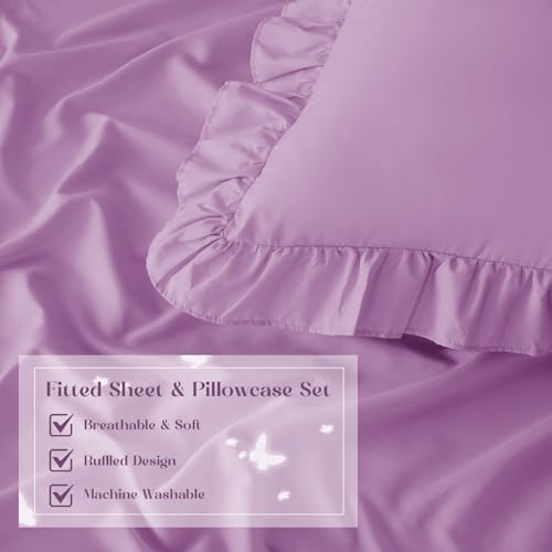 Image of Homiest 3-Pieces Ruffle Pillow Case & Fitted Sheet Set, Lavender Full Sheets with 2 Ruffled Pillow Shams, 15 Inch Deep Pocket, Cute & Coquette Microfiber Bed Set for Decorating Bedroom Hotel