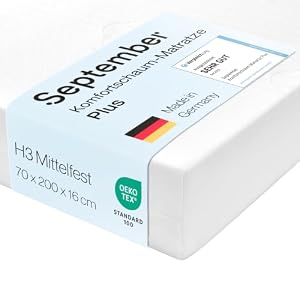 September – Matratze 7 Zonen Komfortschaum Plus 70x200 cm mit 16 cm Höhe – Komfortschaummatratze mittelfester Härtegrad H3 für Betten – Oeko-TEX® Standard 100 Zertifiziert – Bezug bei 60°C waschbar