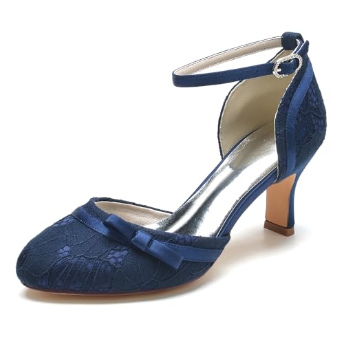 Dress First Wedding Shoes Lace Satin Bow Heels for Women High Heel Closed Toe Wedding Heels Bridesmaid Shoes Ankle Strap Heels Elegant with Buckle, 2.56 inch3