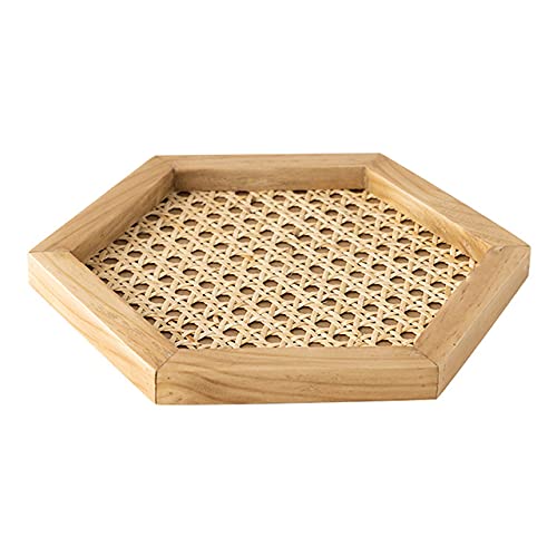 Home Nordic Rattan Woven Wooden Plate Handmade Ins Wind Rectangular Geometric Ornament Key Storage Tray (20.5x24x1.8cm)