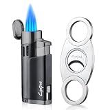 Cigar Cutter and Lighter Set with Butane Refillable Four Jet Flame Lighters Sharpening Blade Cigar Guillotine...