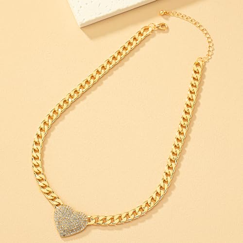 HUJUON Rhinestone Heart Necklace for Women Gold Silver Heart Pendant Choker Necklace Cuban Link Chain Love Heart Chunky Necklace Zircon Heart Statement Necklace2